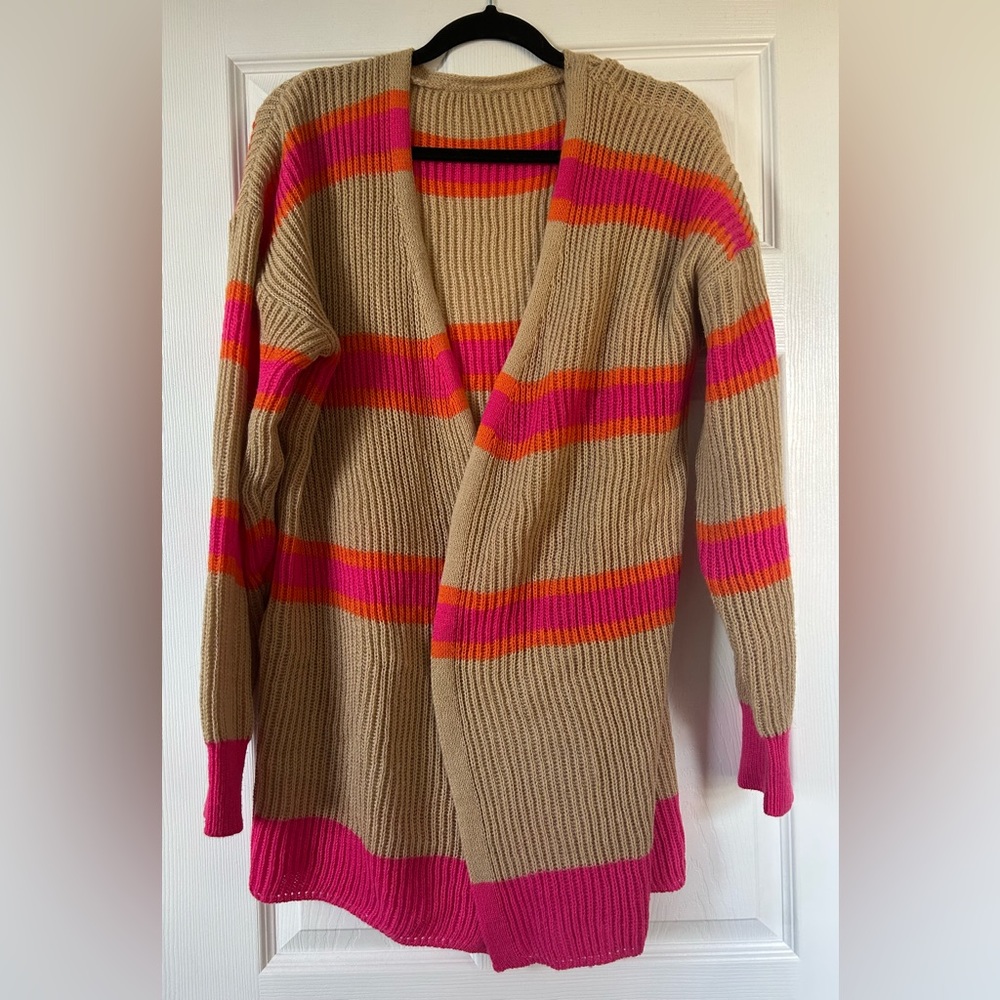 Vibrant Pink and Tan Striped Women's cardigan - Picture 3 of 9